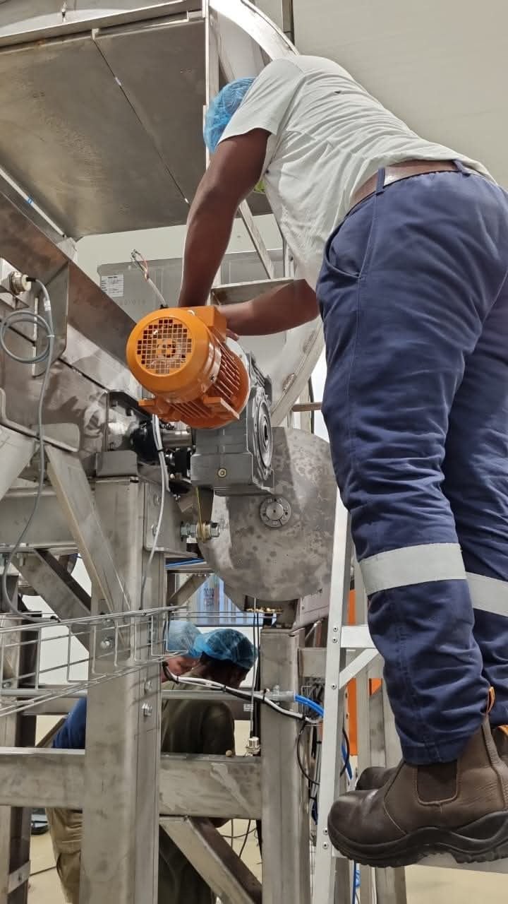 Technician servicing a geared motor on processing machinery